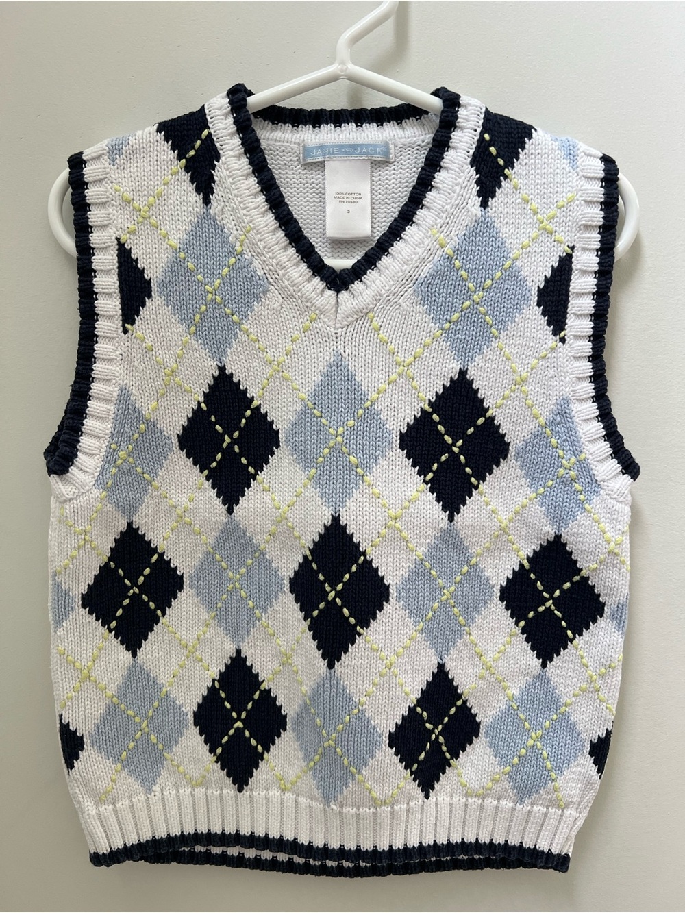 Janie and Jack Argyle Sweater Vest - White, Light Blue & Black